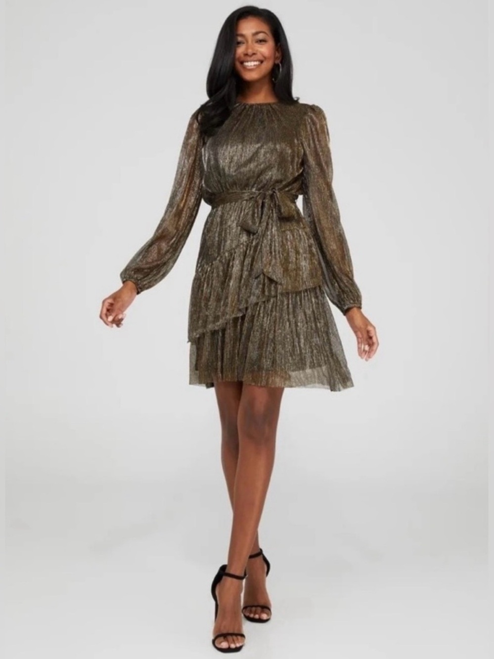 Suzy Shier Metallic Olive Green Long-Sleeve Tiered Plisse Party Dress